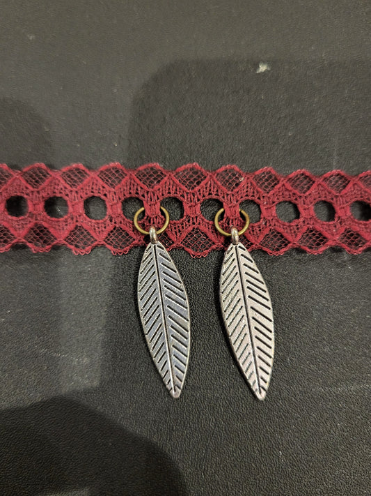 Handmade red ribbon choker with silver feather charms 12-15in