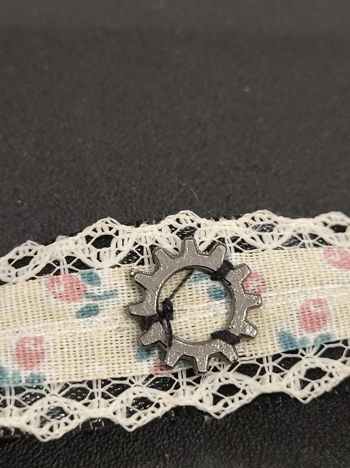 Handmade floral ribbon choker with black gears