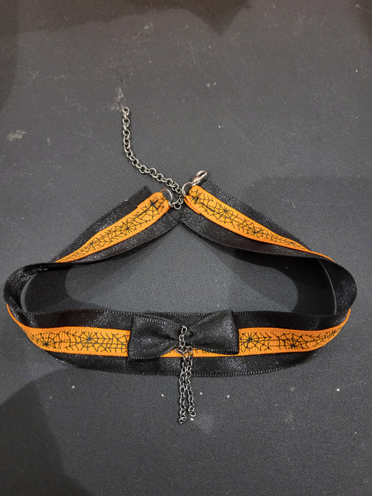Handmade black and orange web ribbon choker with bow