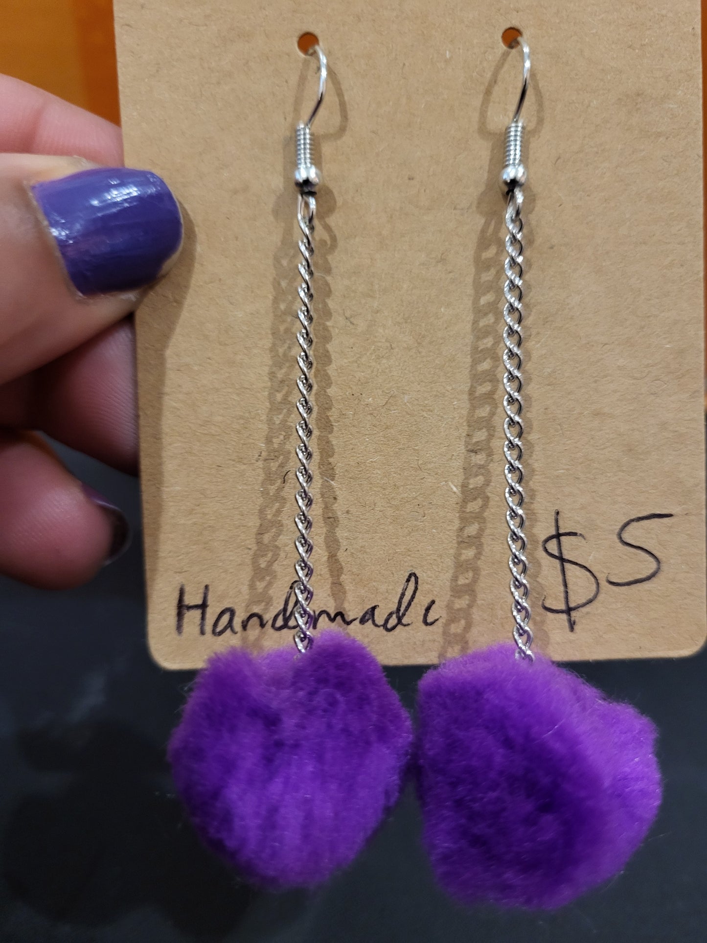 Handmade purple pom pom chain earrings medium