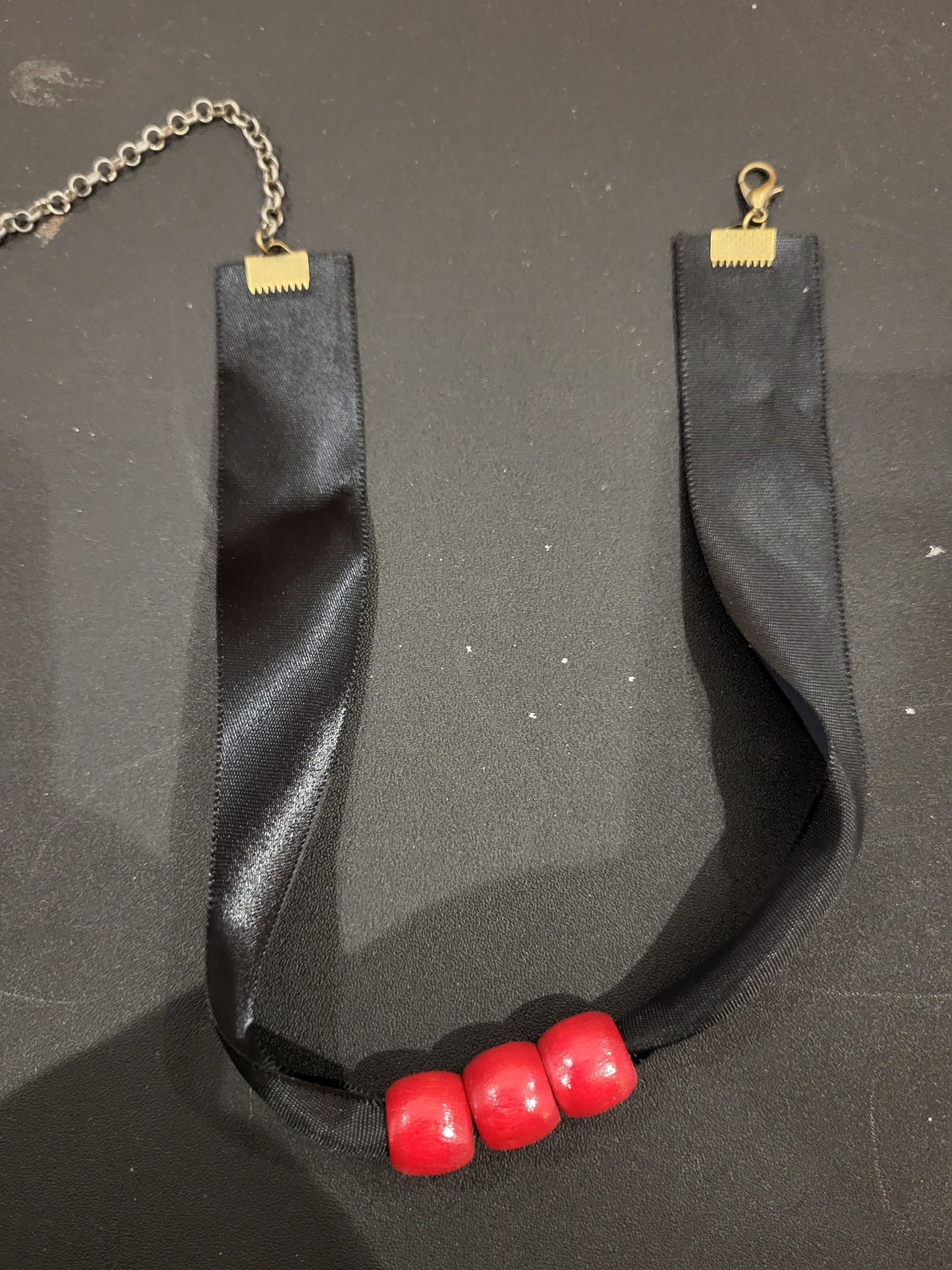 Handmade black satin ribbon and red wooden bead choker