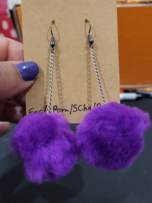 Handmade purple pom pom chain earrings Large