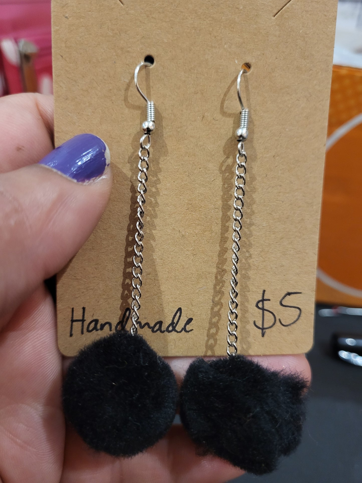 Handmade black pom pom chain earrings medium