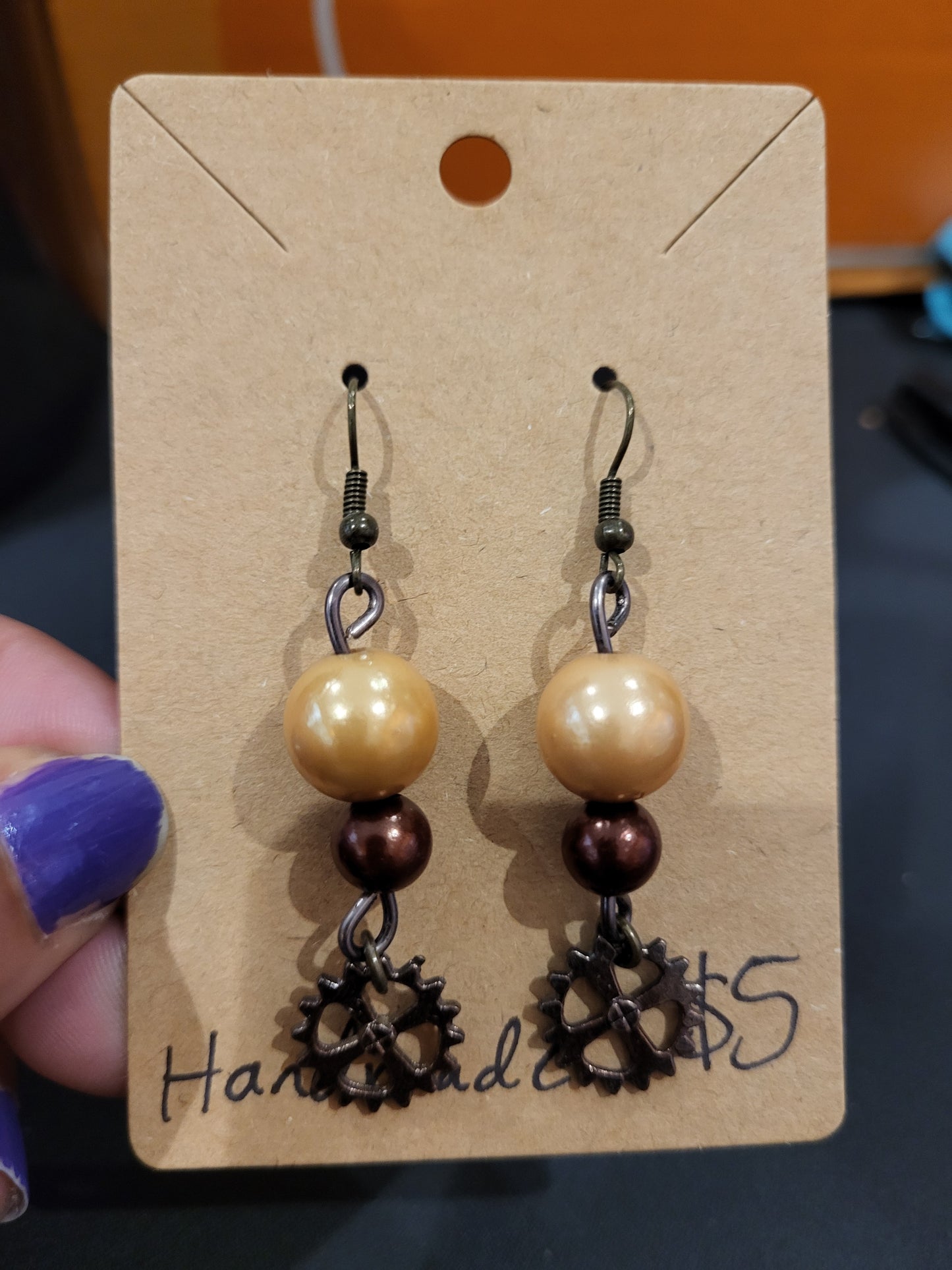 Handmade double bead earrings with gear