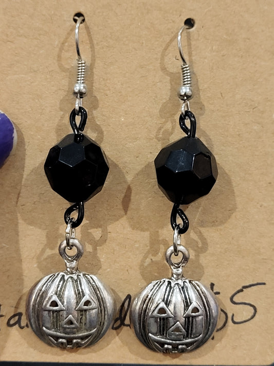 Handmade black bead and pumpkin charm earrings