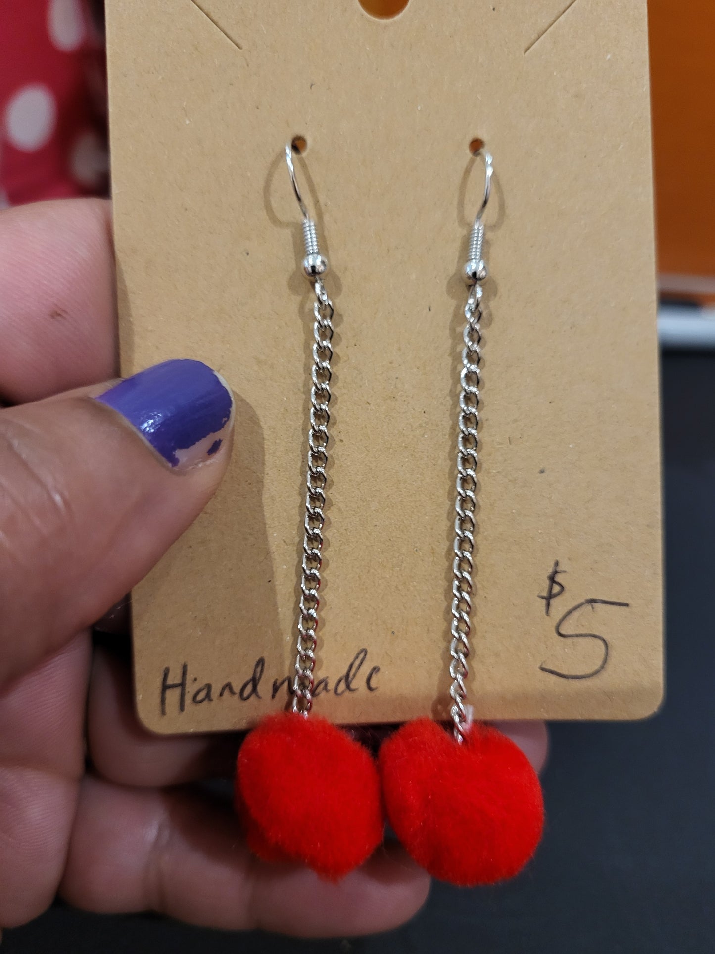 Handmade red pom pom chain earrings small