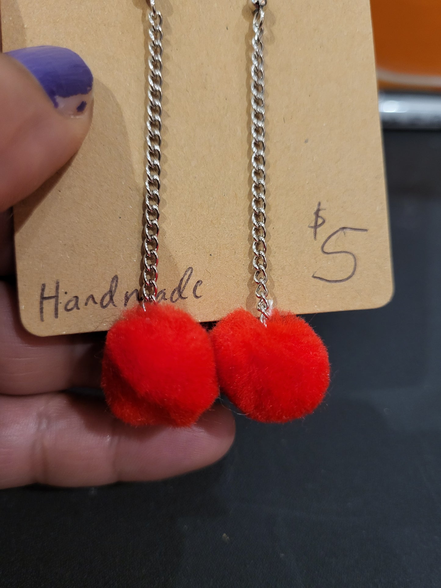 Handmade red pom pom chain earrings small