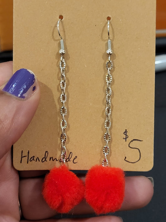 Handmade red pom pom chain earrings small alt