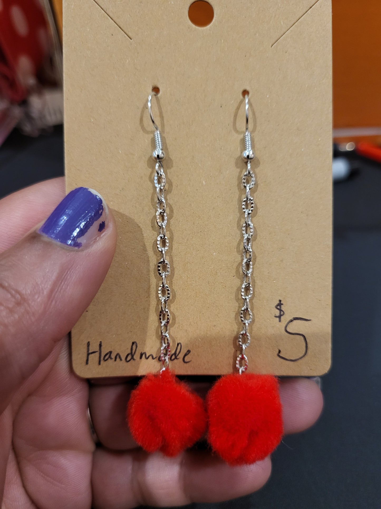 Handmade red pom pom chain earrings small alt