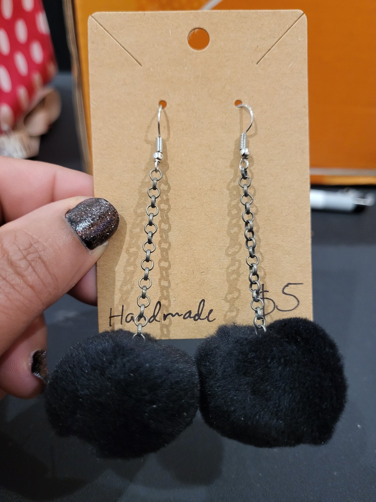 Handmade black pom pom chain earrings large