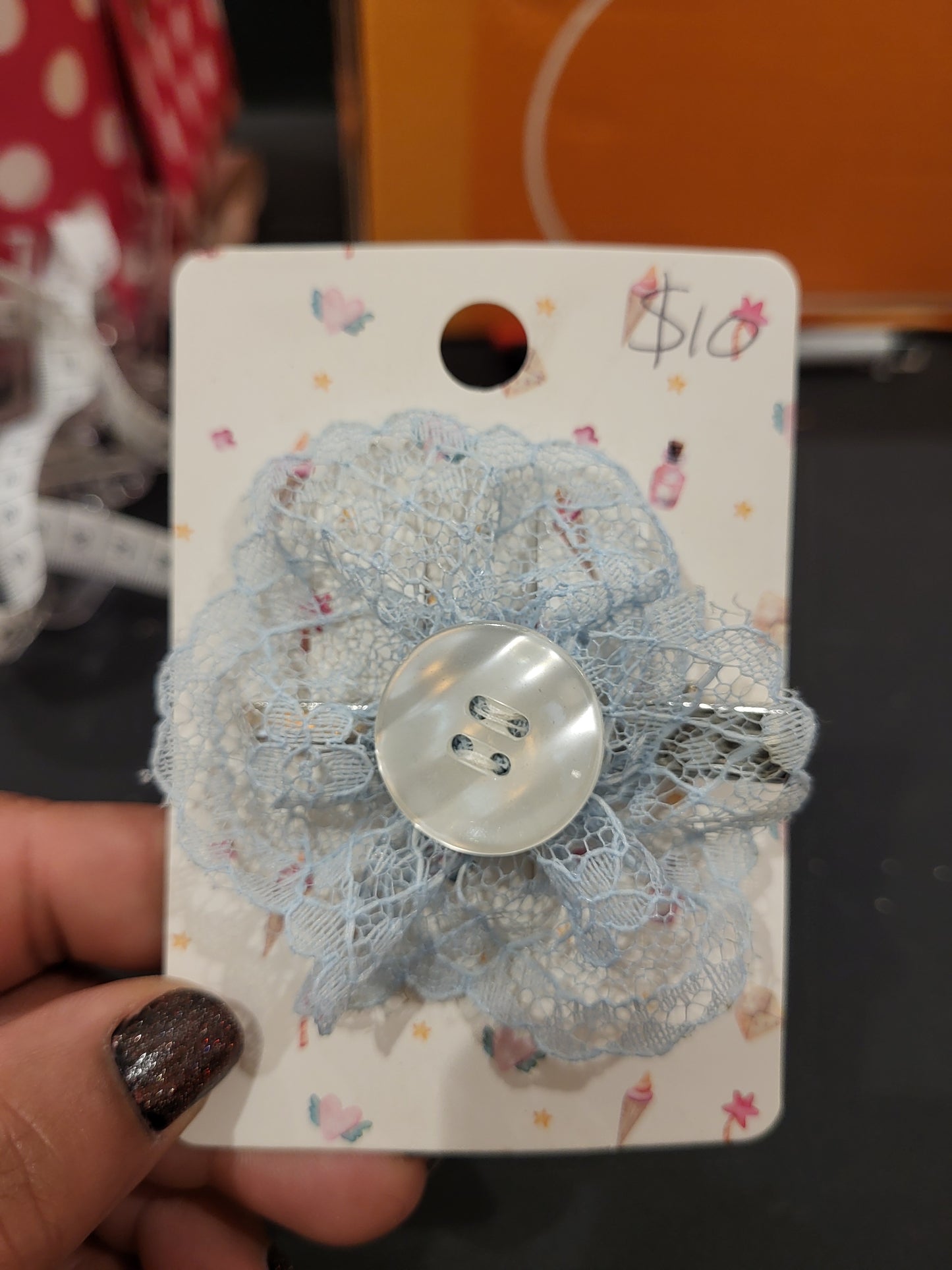 Handmade blue lace hair clip with white button