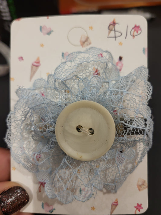 Handmade blue lace hair clip with off white button