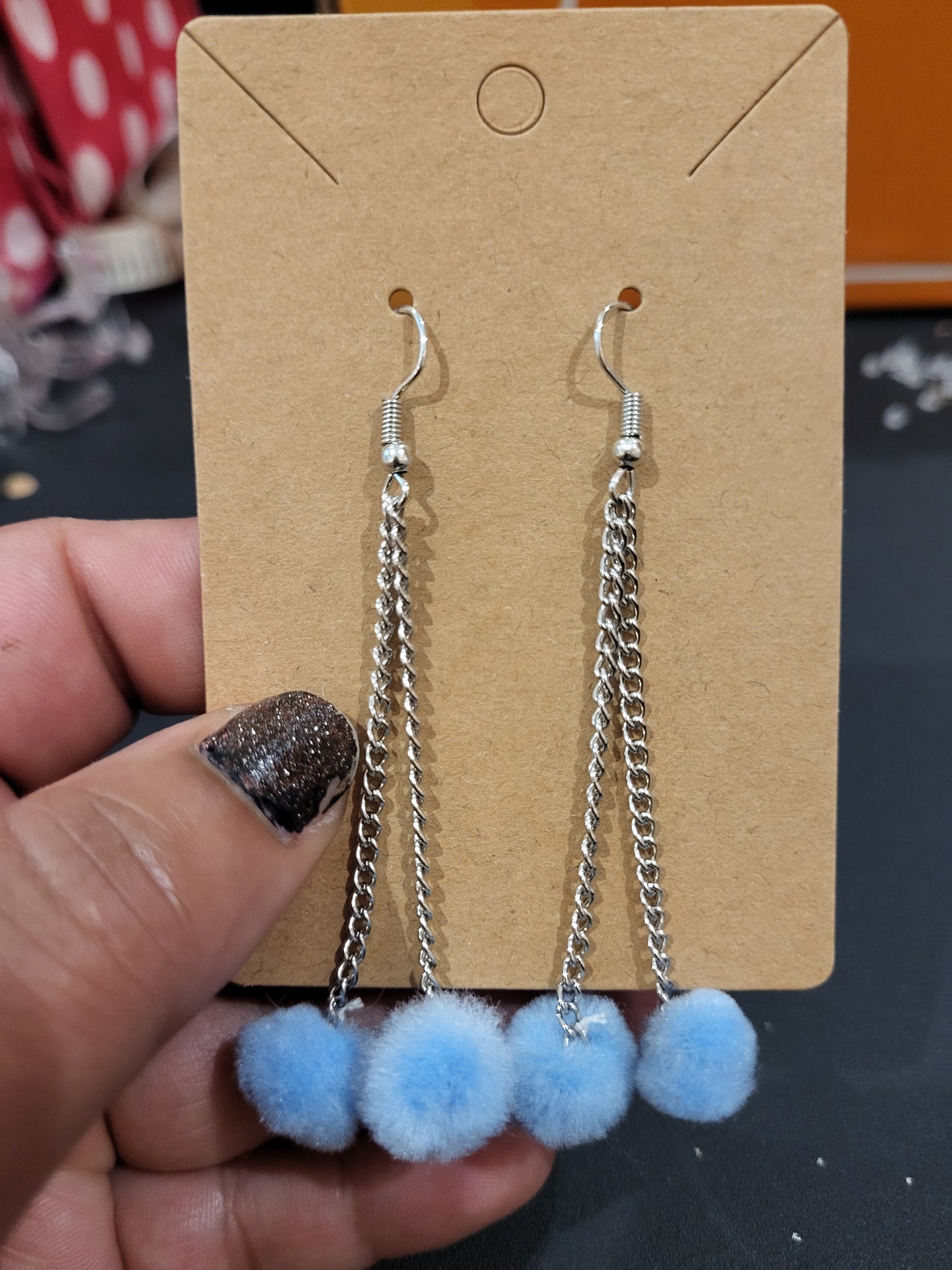Handmade sky blue pom pom chain earrings mini double alt