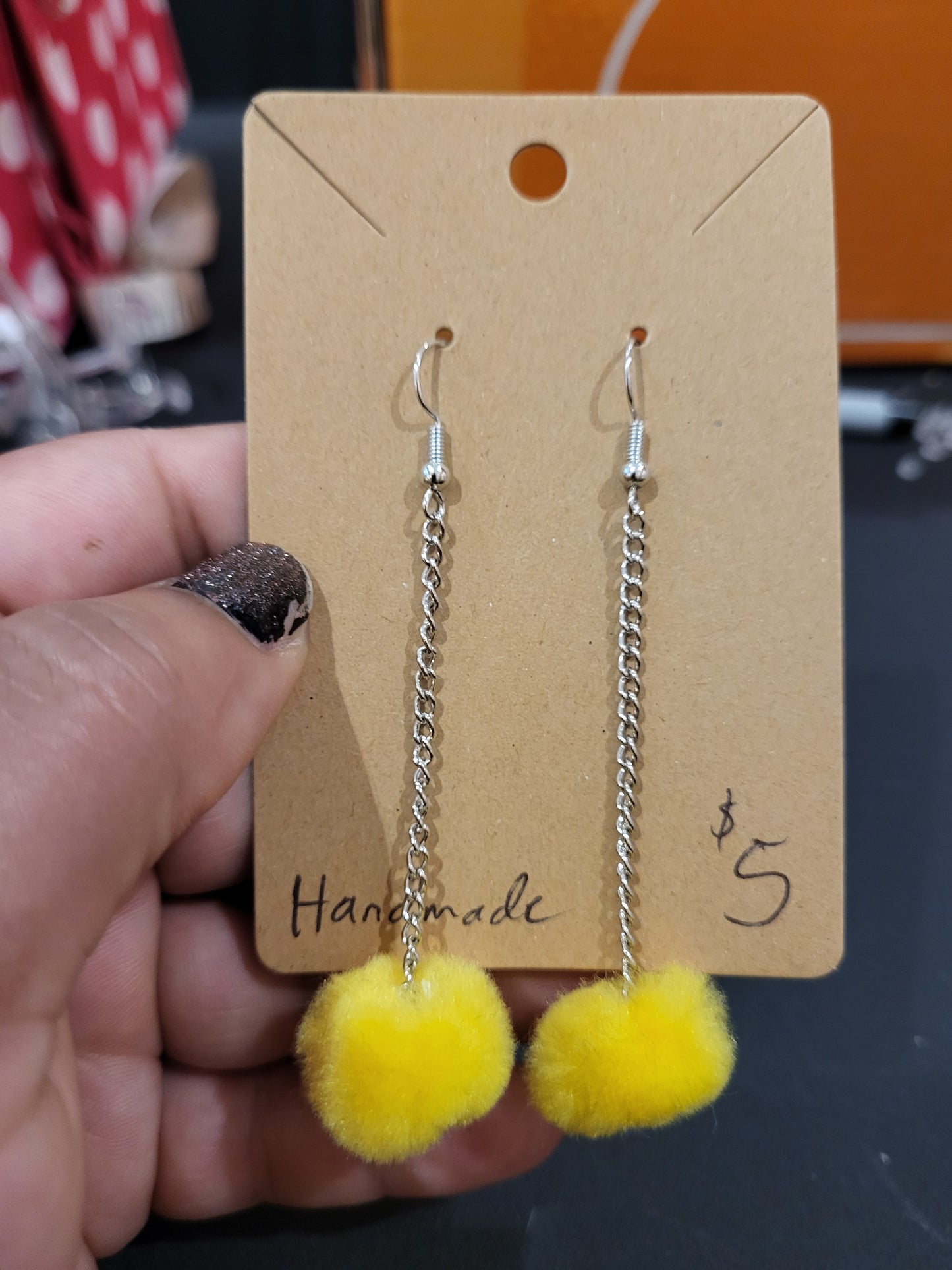 Handmade yellow pom pom chain earrings small