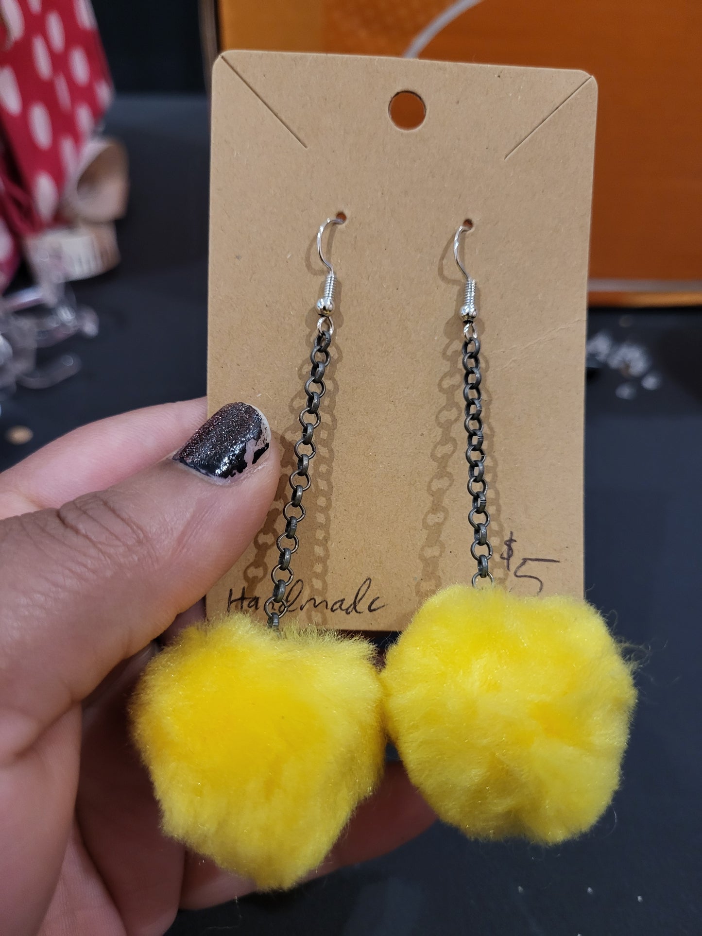 Handmade yellow pom pom chain earrings large