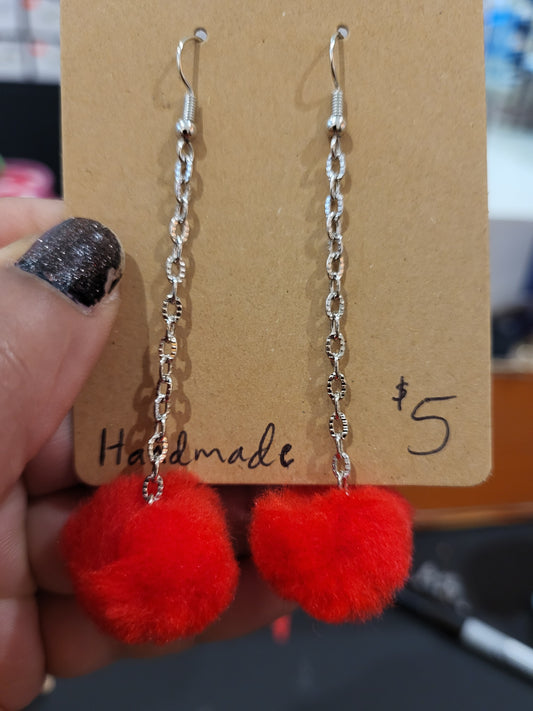 Handmade red pom pom chain earrings medium alt