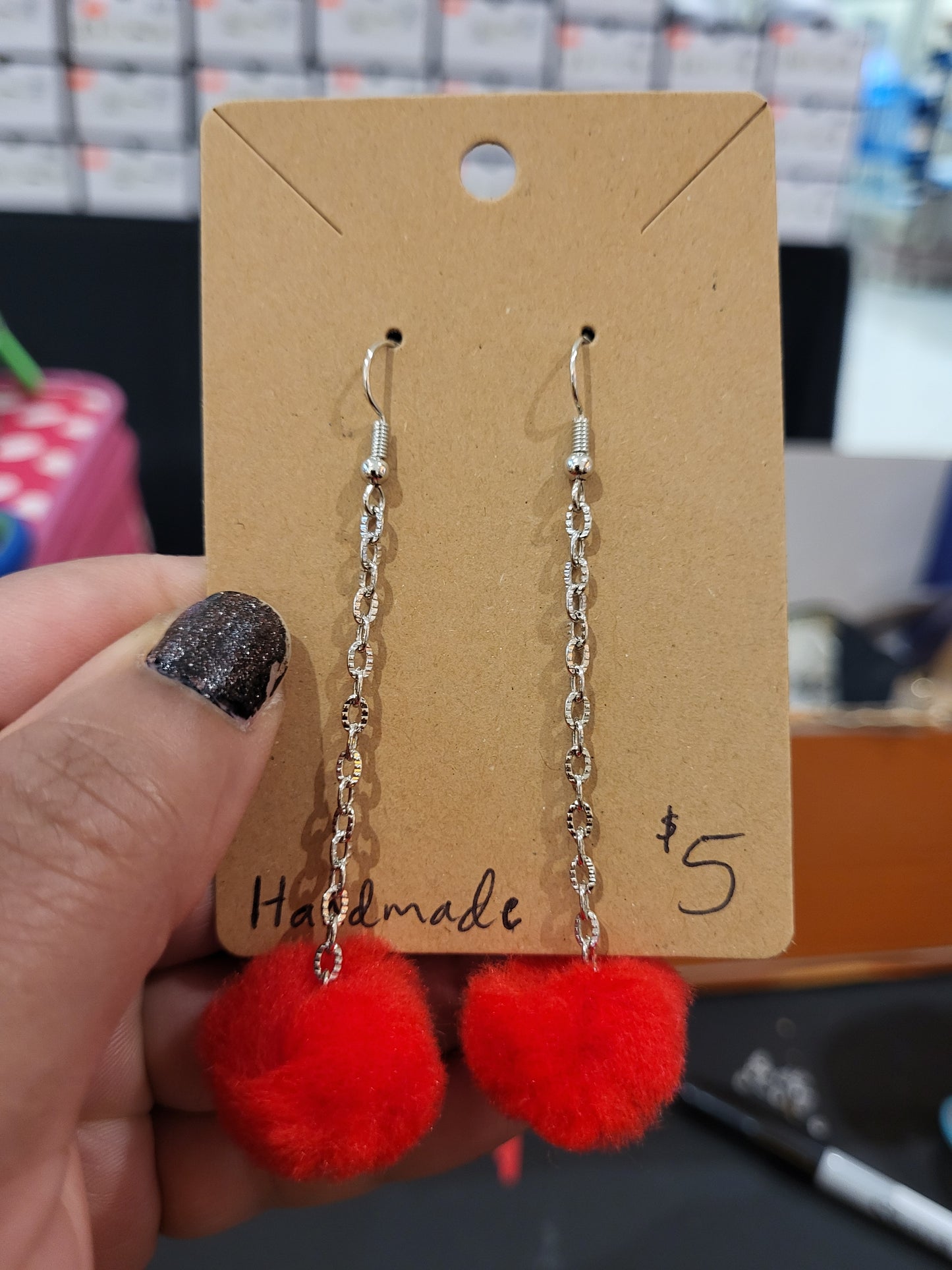 Handmade red pom pom chain earrings medium alt