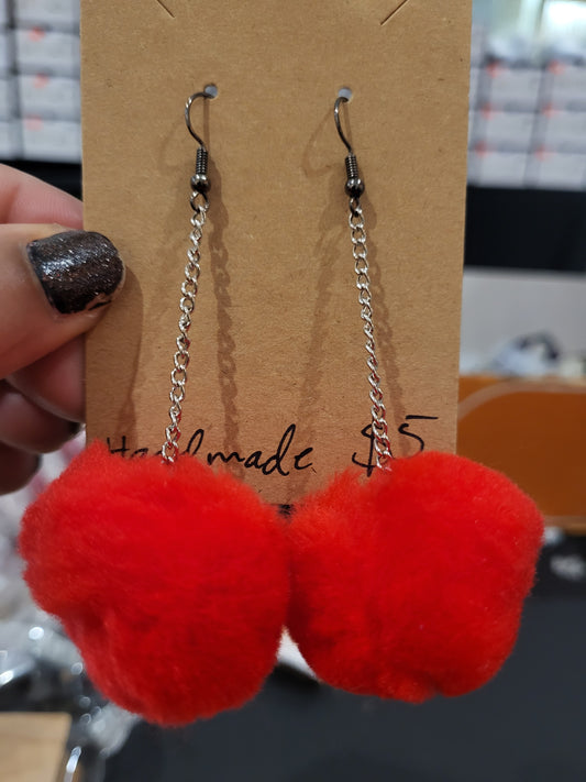 Handmade red pom pom chain earrings large