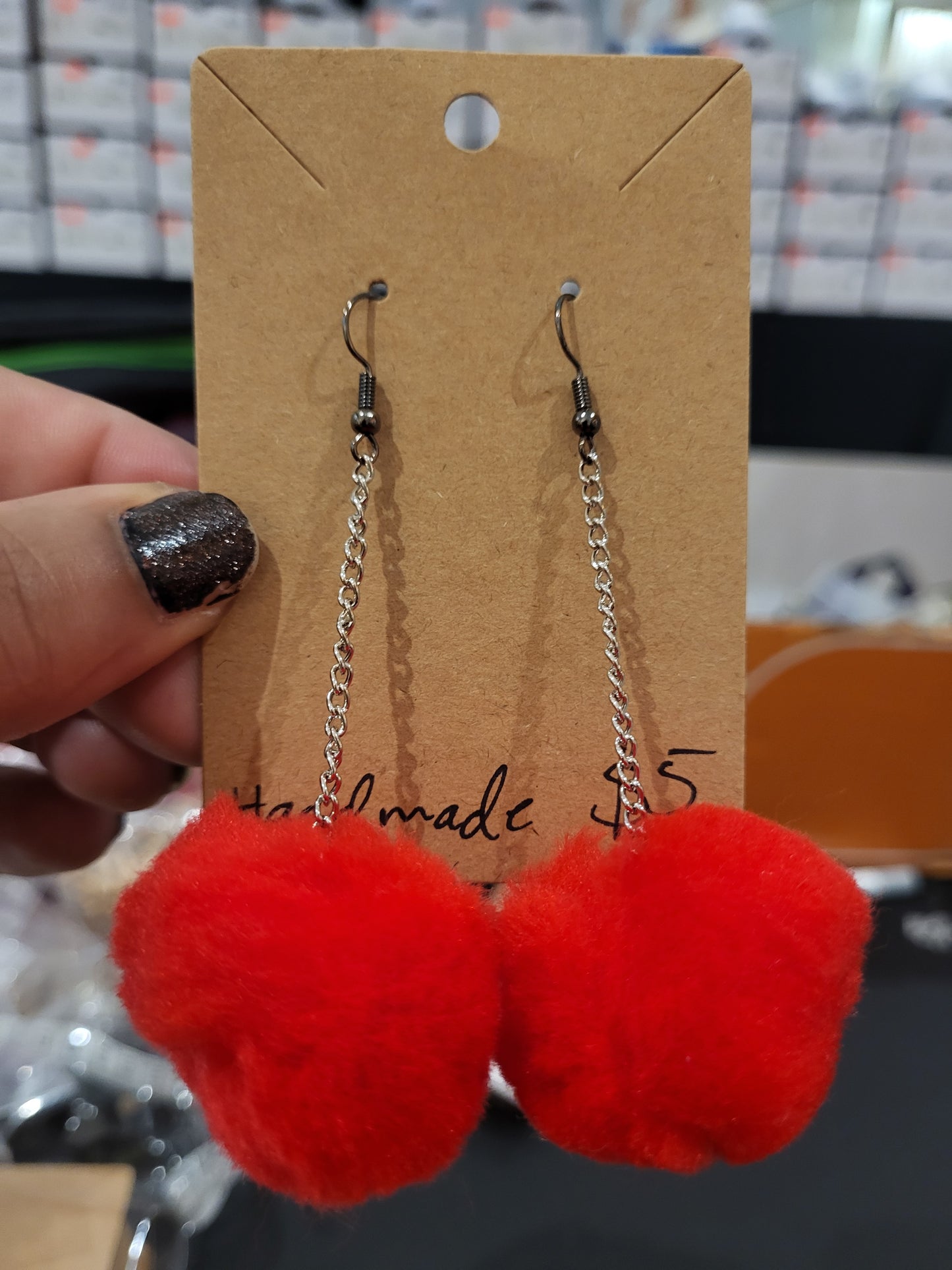 Handmade red pom pom chain earrings large