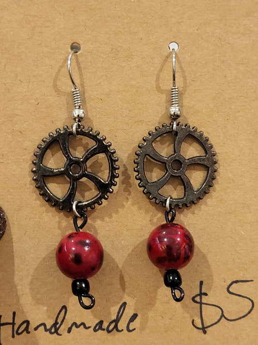 Handmade fan gear and red bead earrings