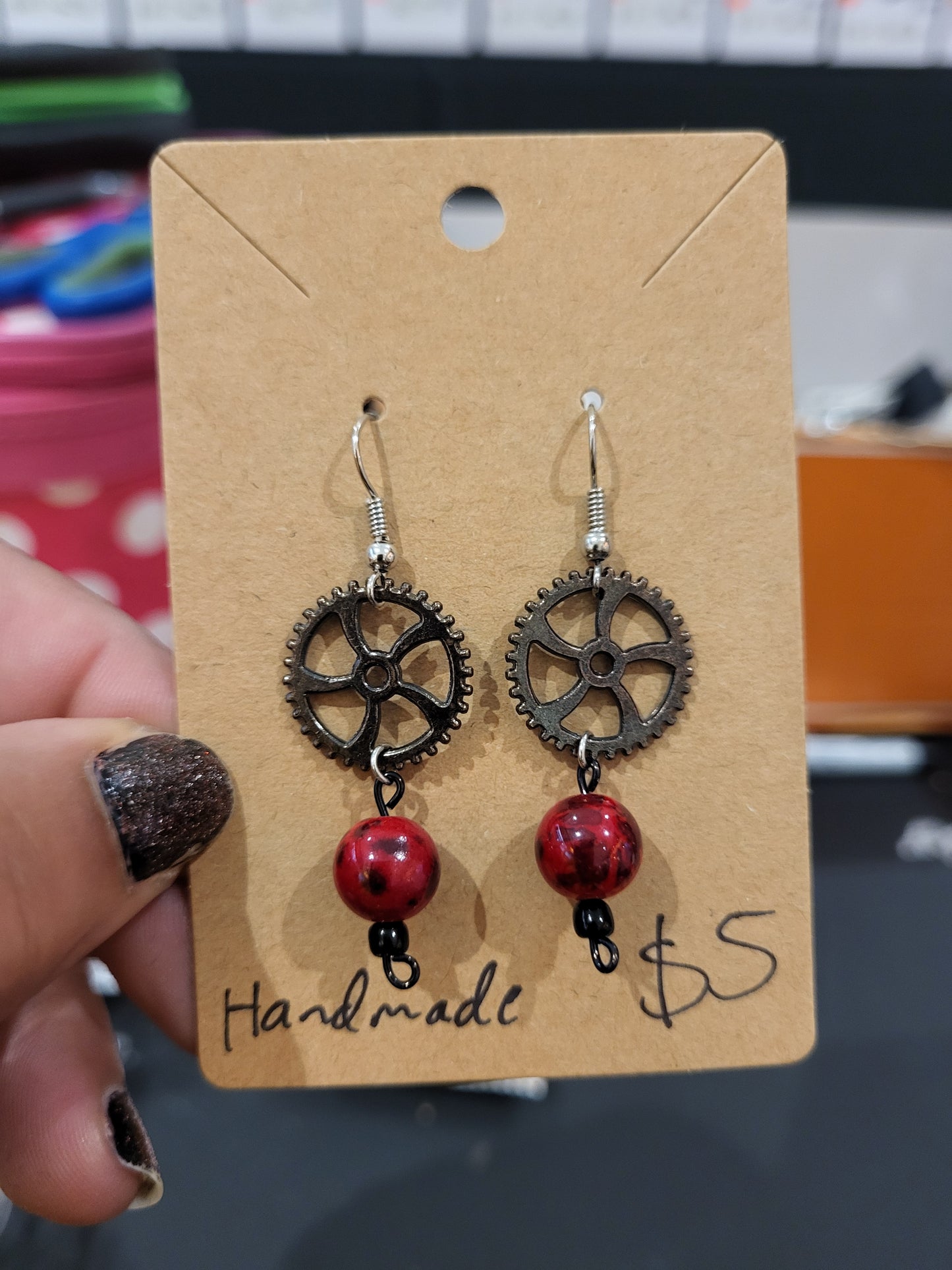 Handmade fan gear and red bead earrings