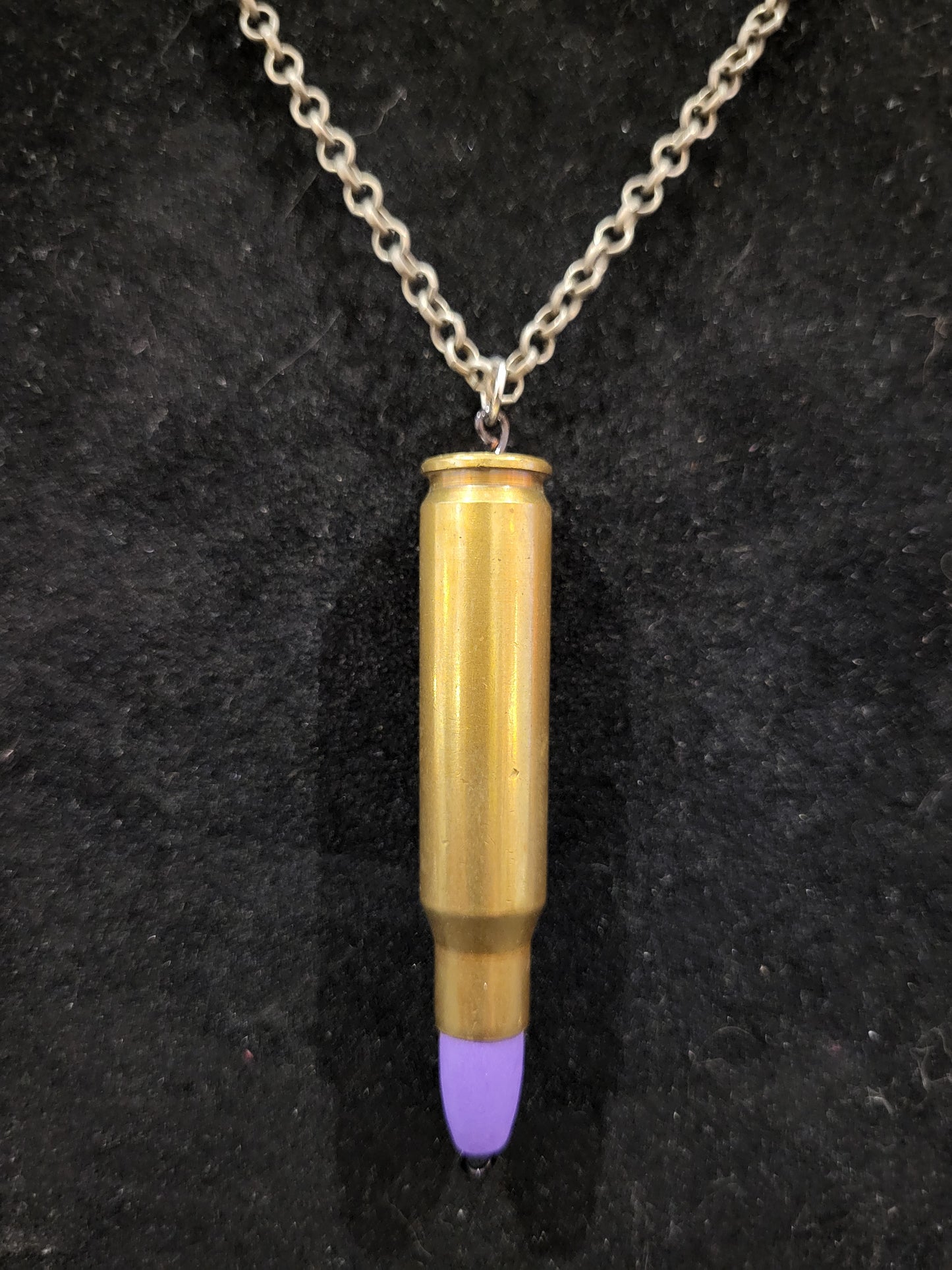 Handmade bullet casing necklace with purple wooden bead