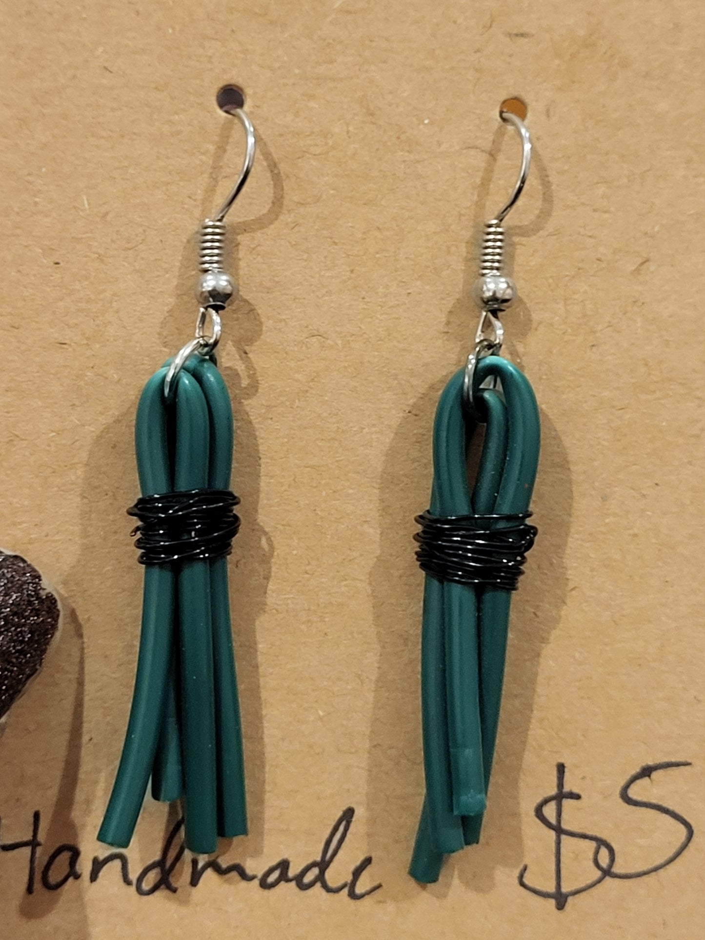 Upcycled green tech wire casing earrings