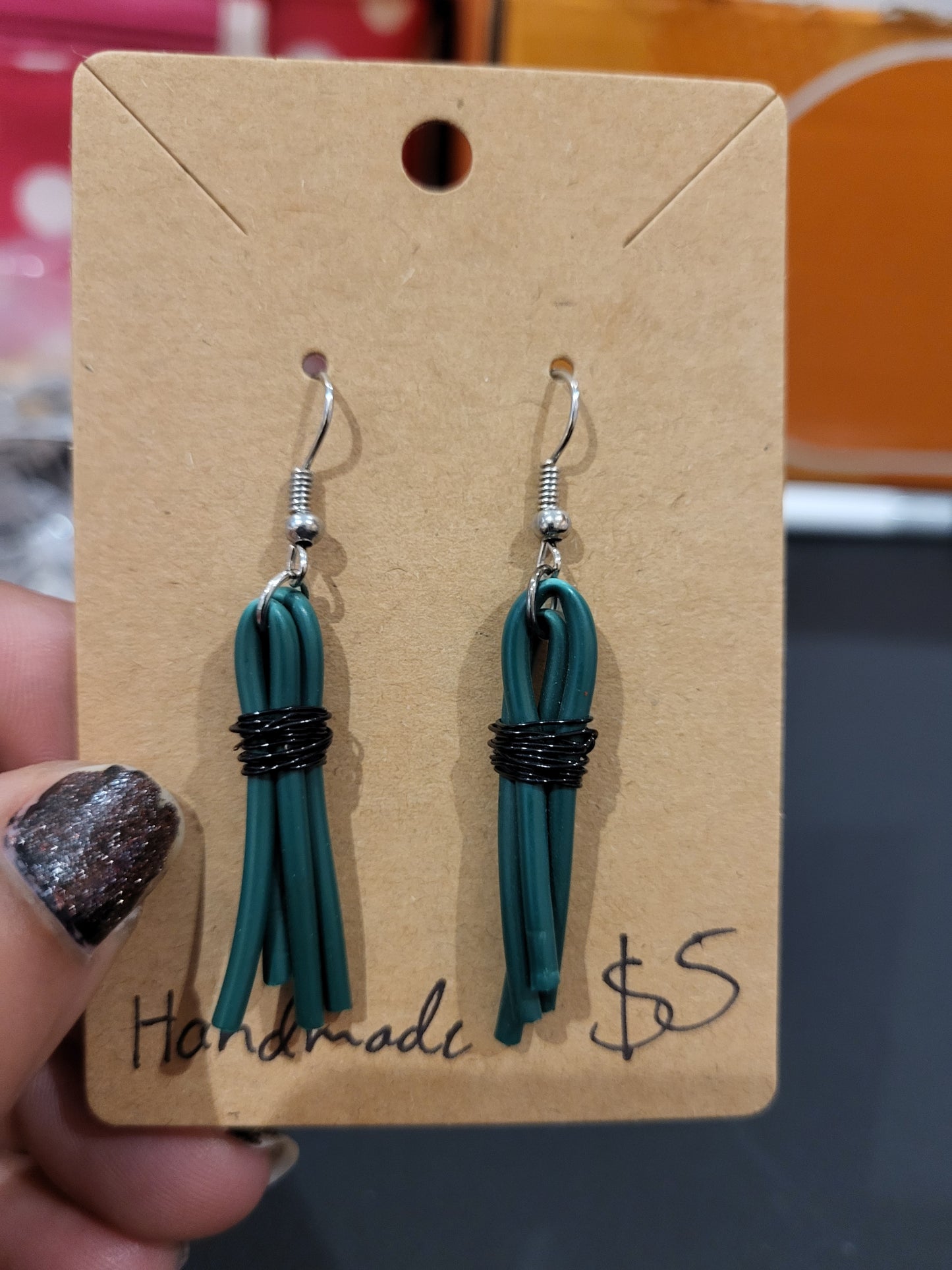 Upcycled green tech wire casing earrings