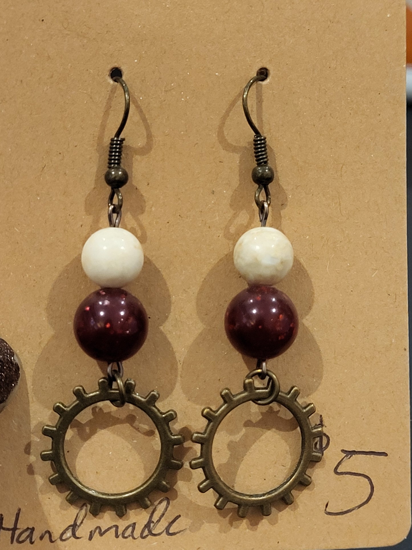 Handmade steampunk red and white beaded earrings