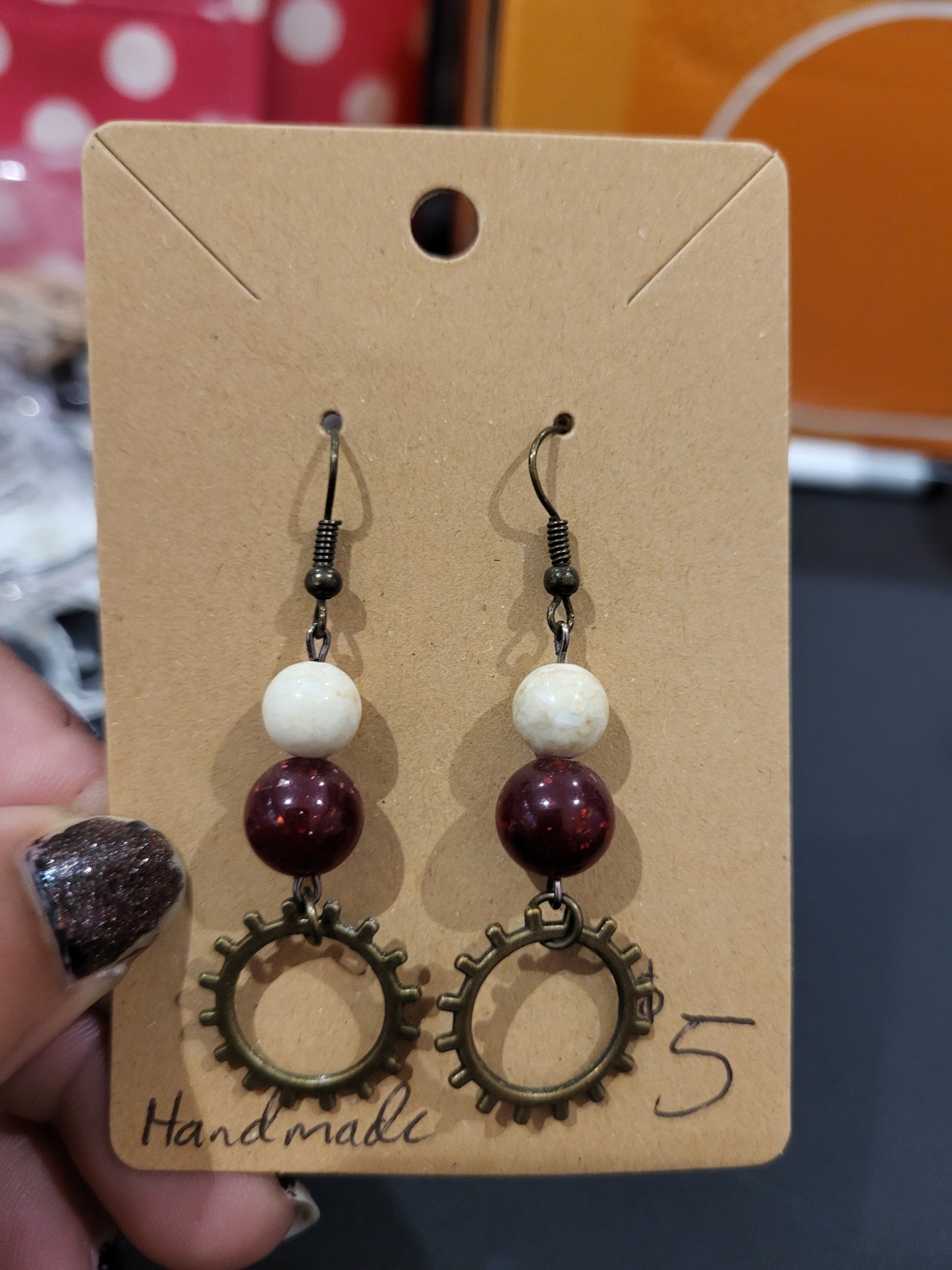 Handmade steampunk red and white beaded earrings