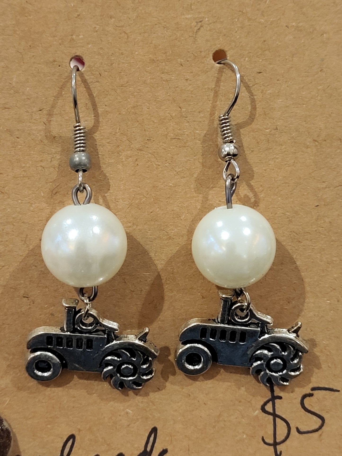 Handmade white bead with tractor earrings