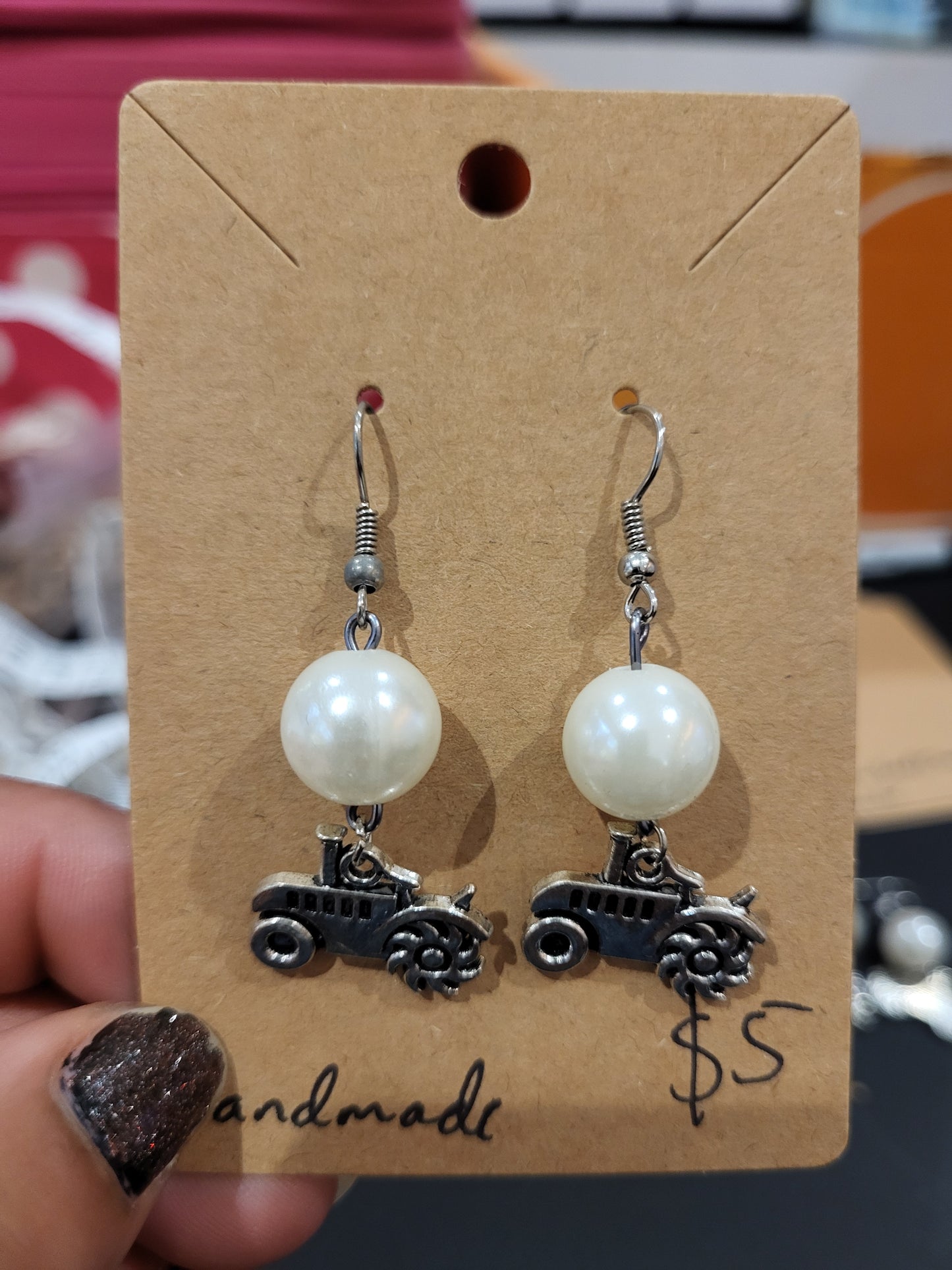 Handmade white bead with tractor earrings