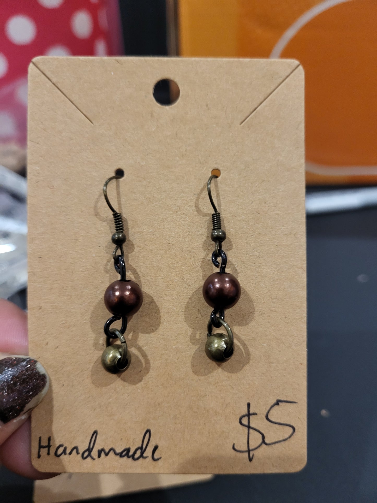 Handmade brown and brass bead earrings