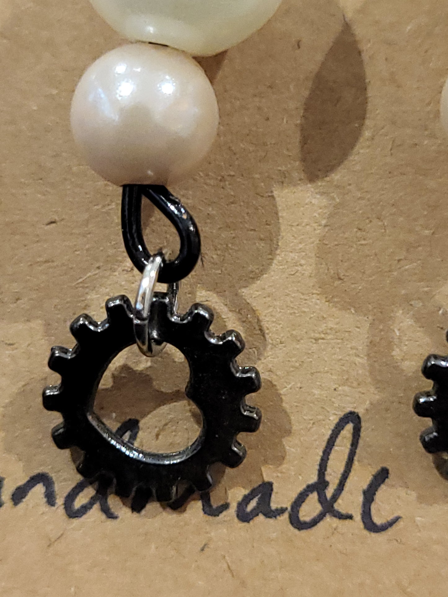 Handmade steampunk white and pink earrings with gear