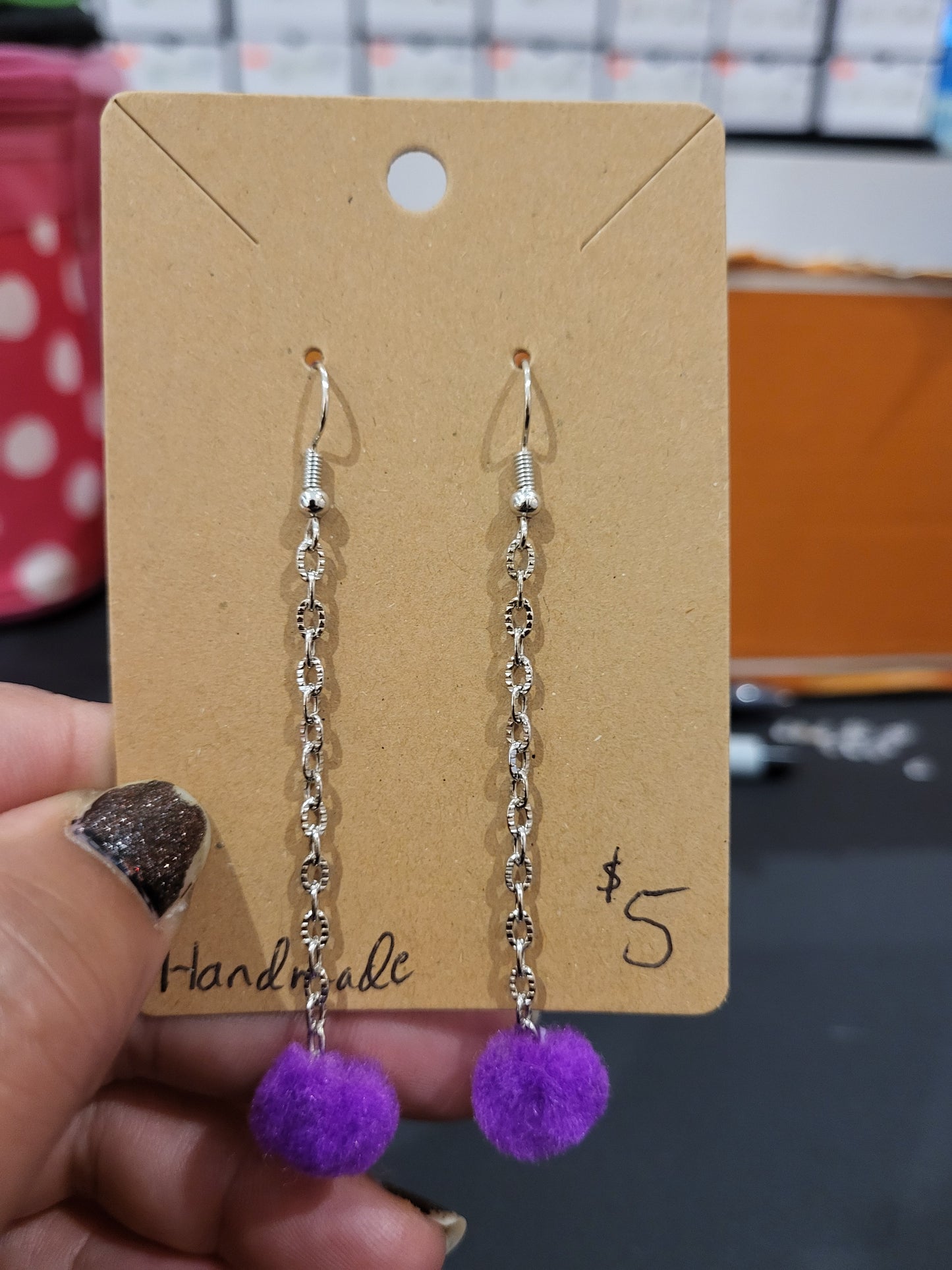 Handmade purple pom pom chain earrings mini