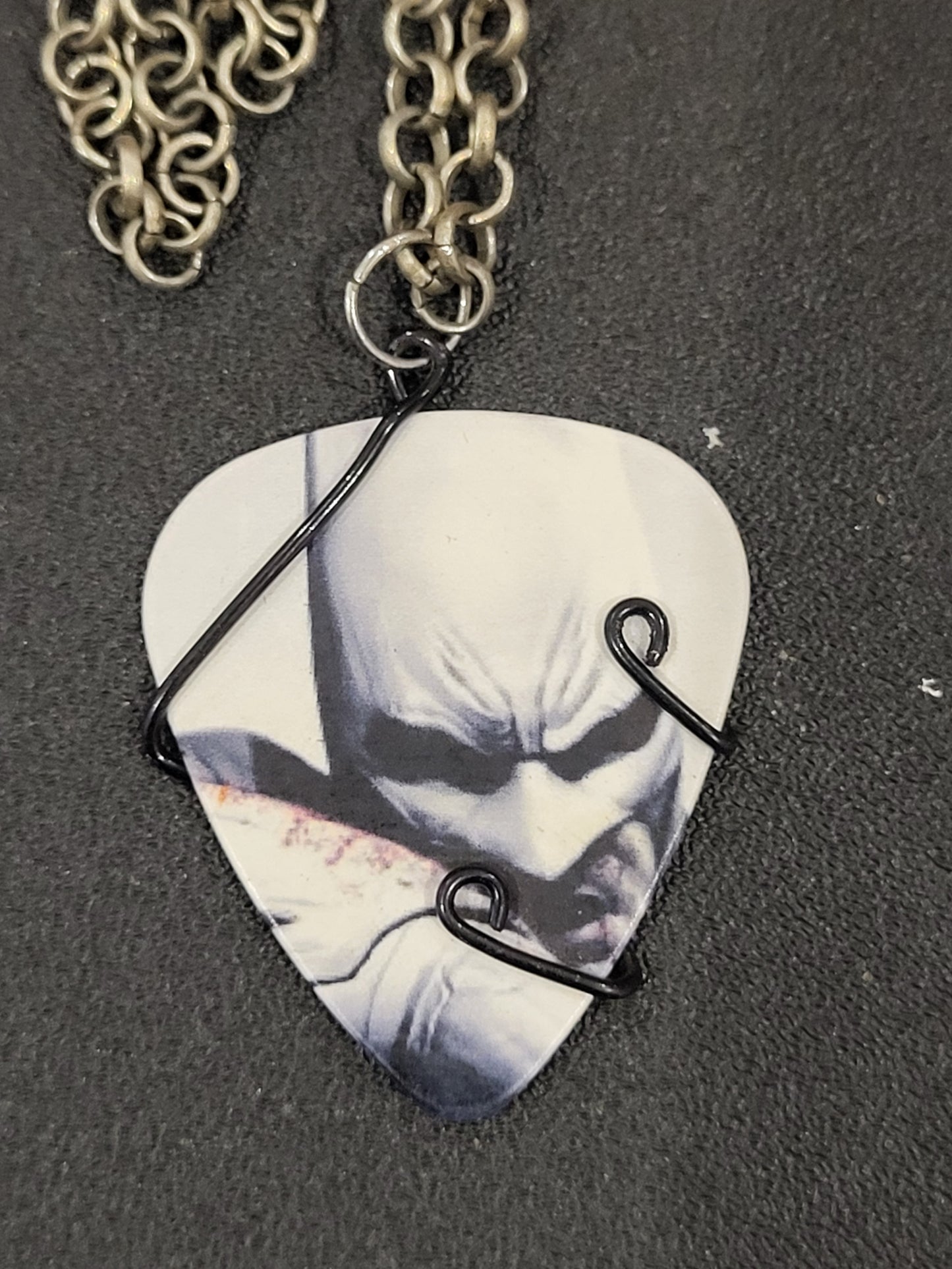 Handmade wire wrapped Batman guitar pick necklace