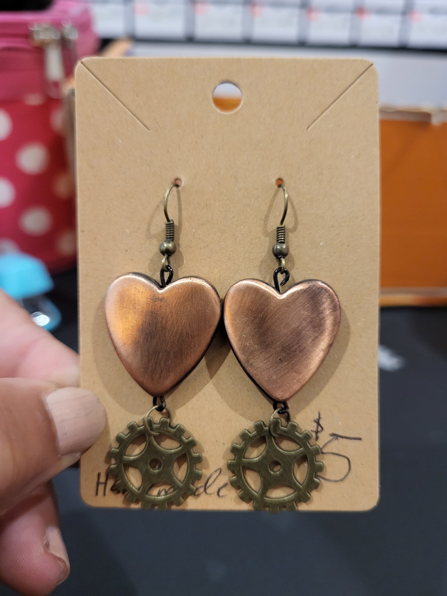 Handmade steampunk brass heart charm earring with gear