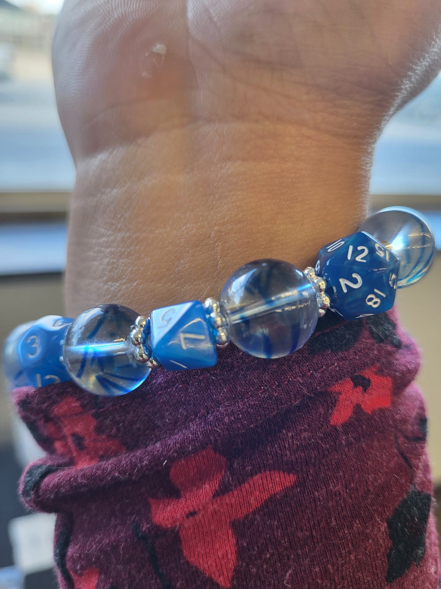 Deep blue dice and bead stretch bracelet