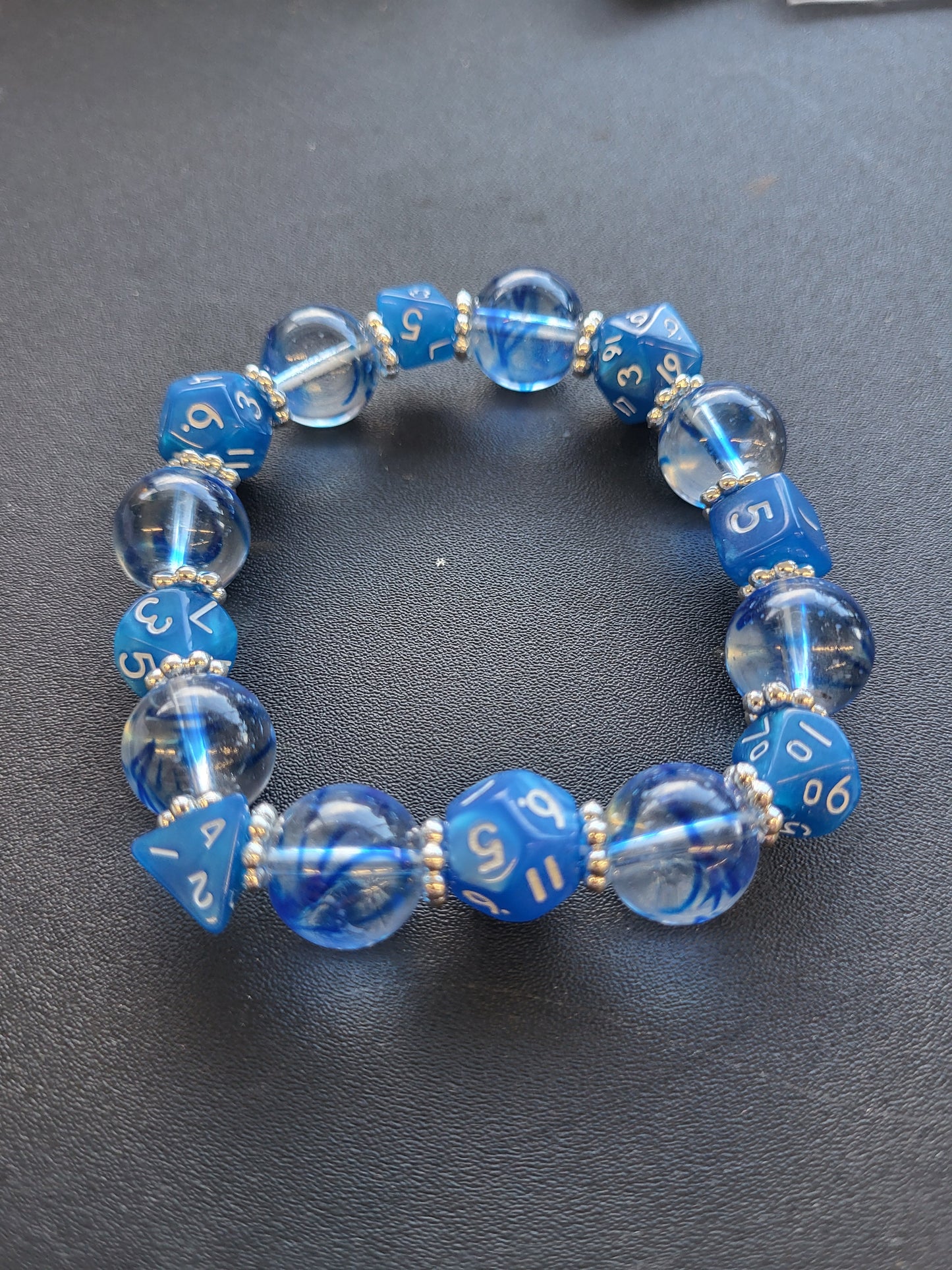 Deep blue dice and bead stretch bracelet