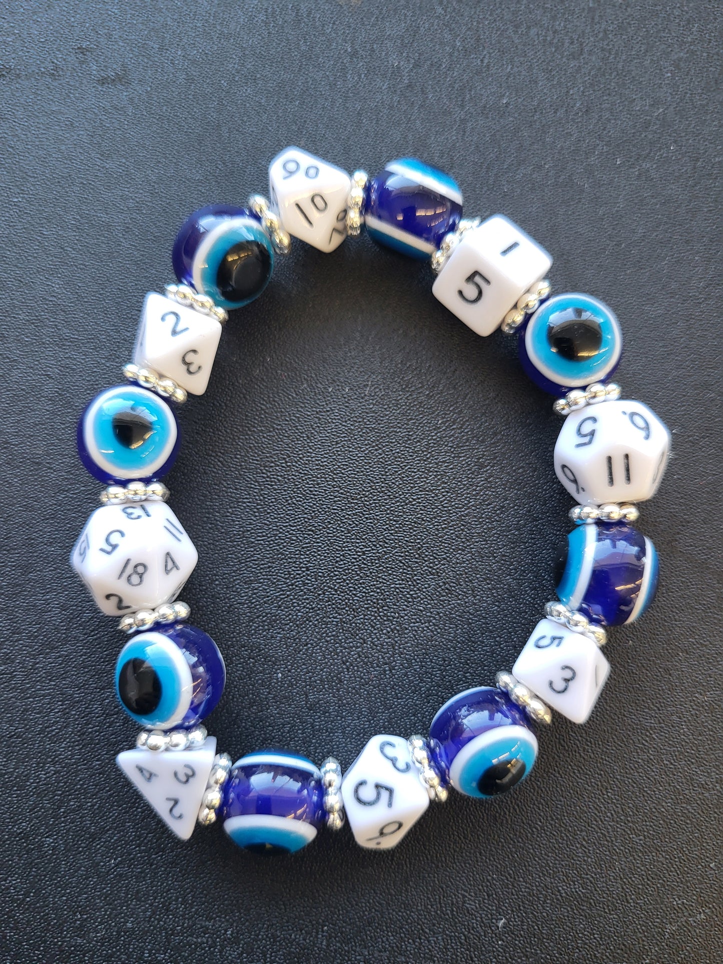 Blue eye bead and blue dice stretch bracelet