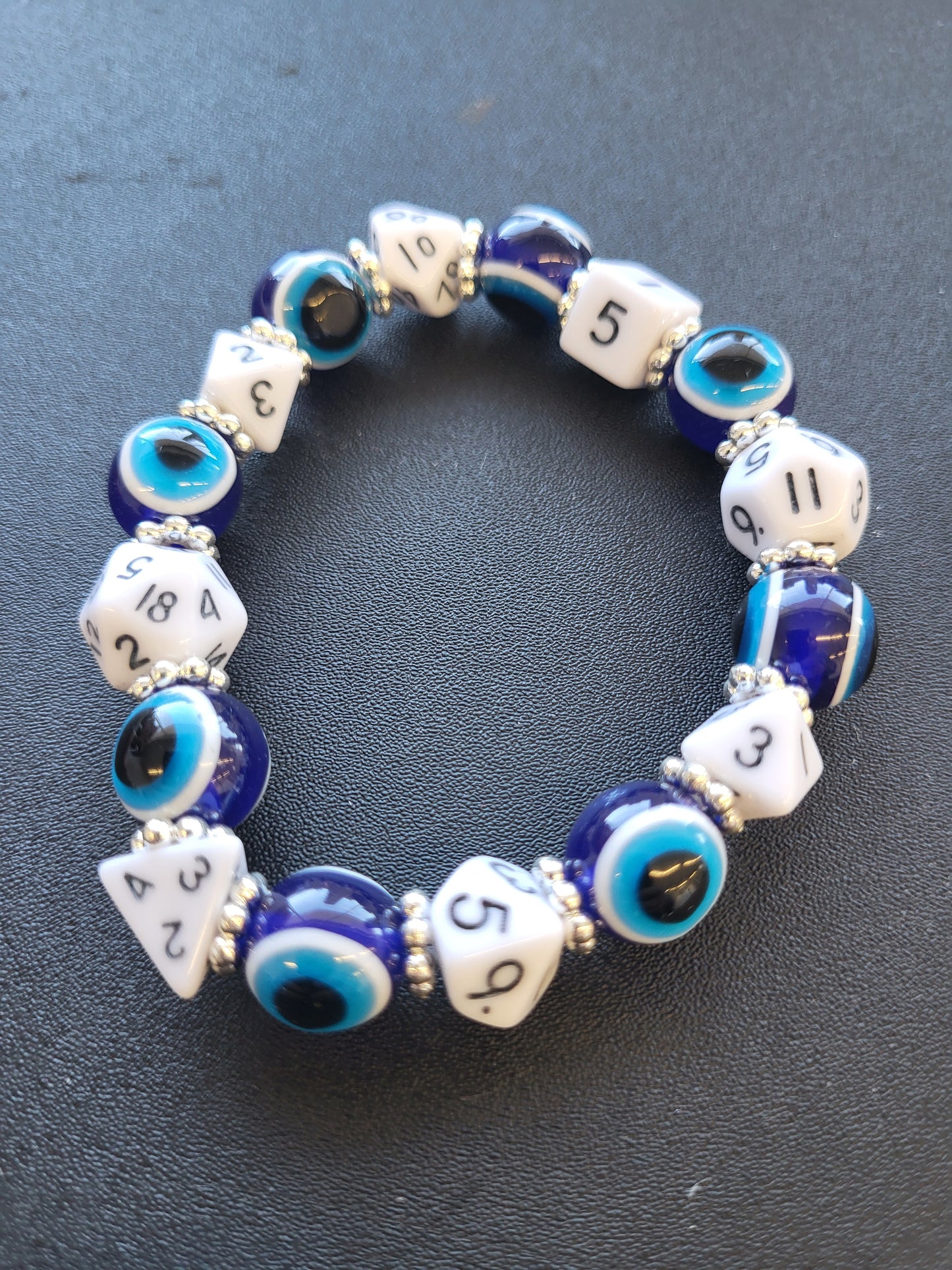 Blue eye bead and blue dice stretch bracelet