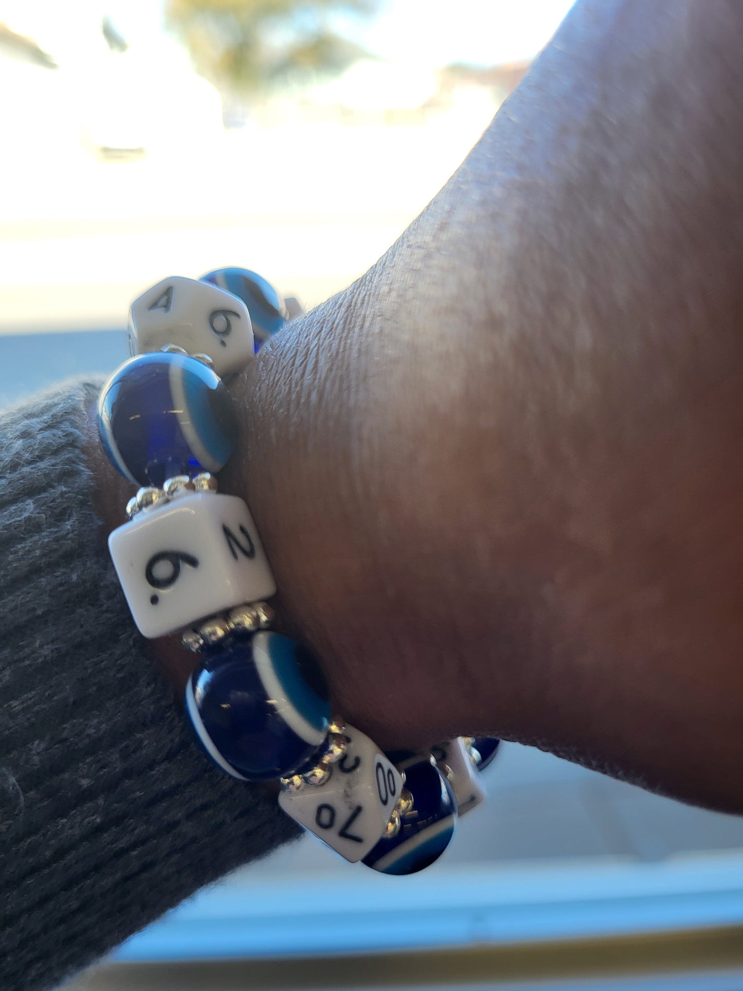 Blue eye bead and blue dice stretch bracelet