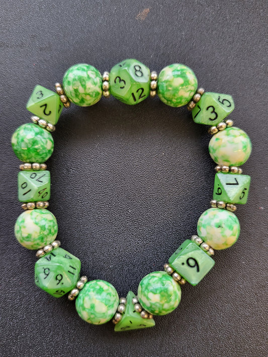 Green and yellow marbled bead and lime green dice stretch bracelet