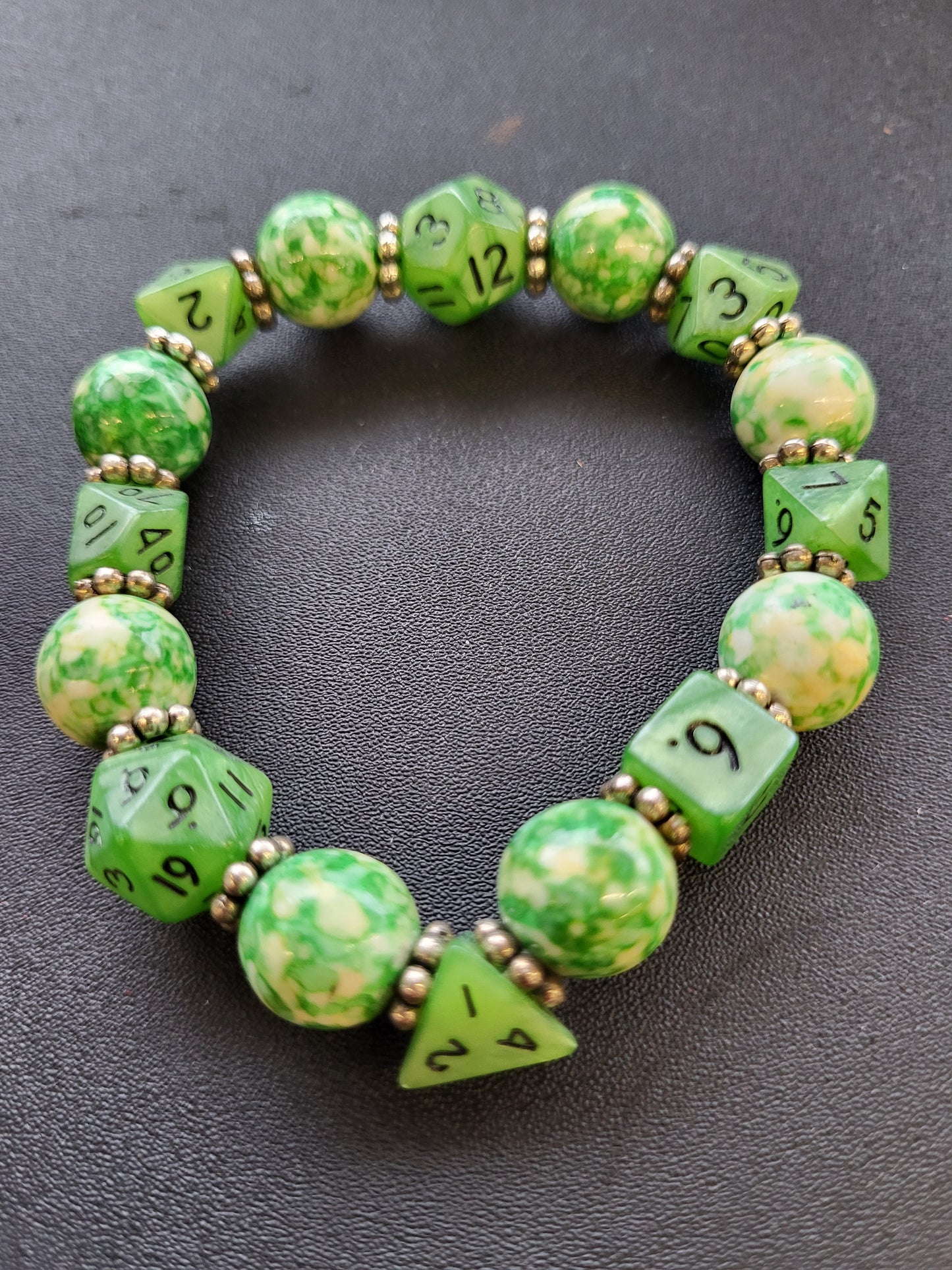 Green and yellow marbled bead and lime green dice stretch bracelet