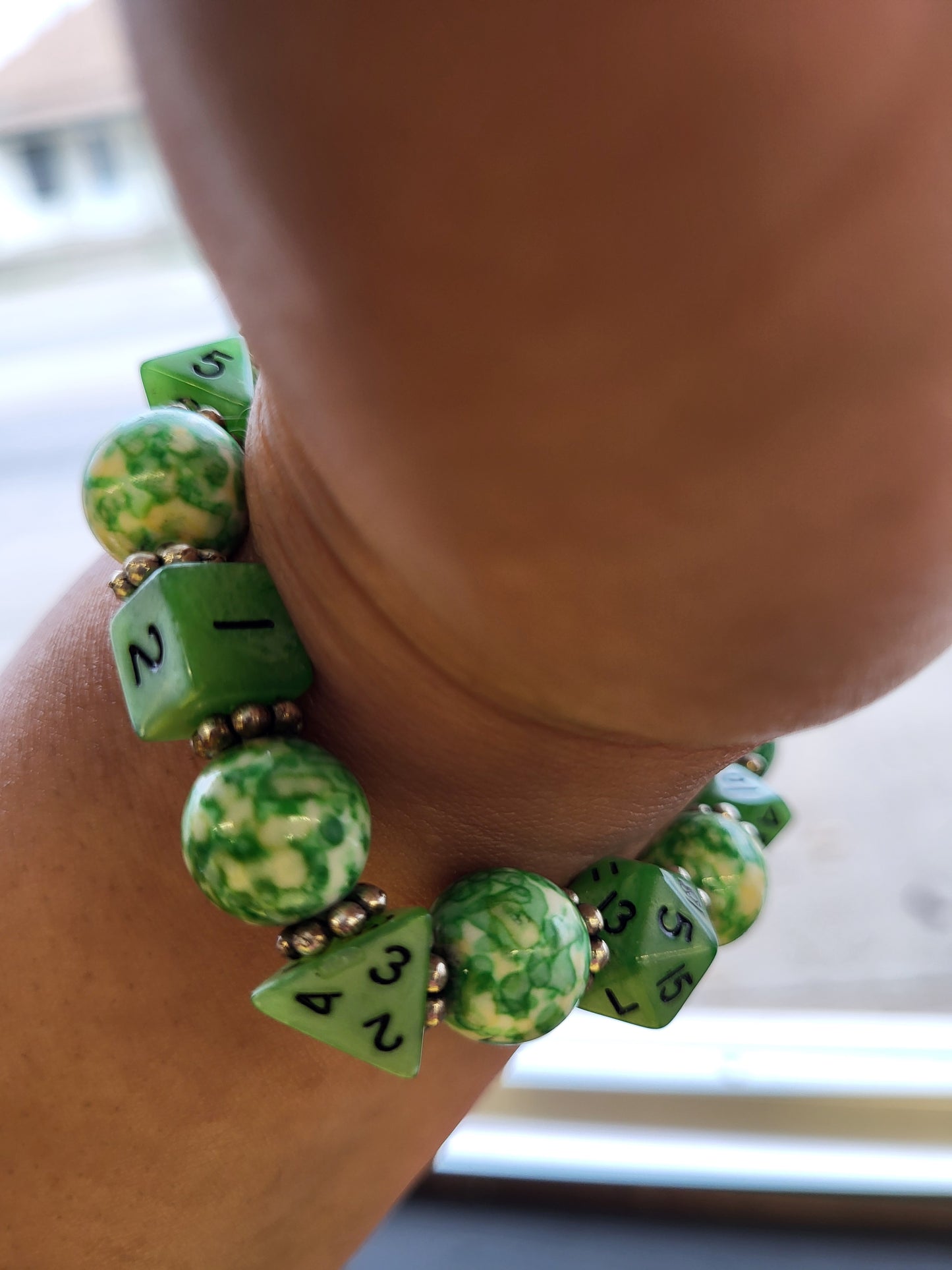 Green and yellow marbled bead and lime green dice stretch bracelet