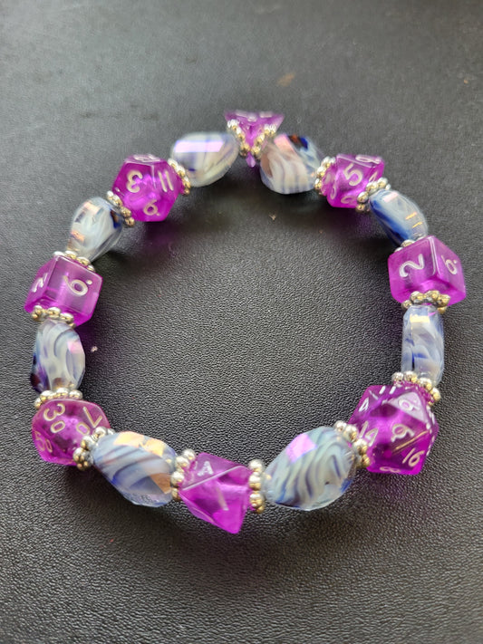 Blue and white wave bead and purple dice stretch bracelet