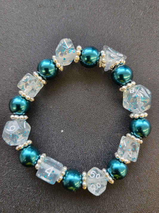 Teal bead and clear mini dice stretch bracelet