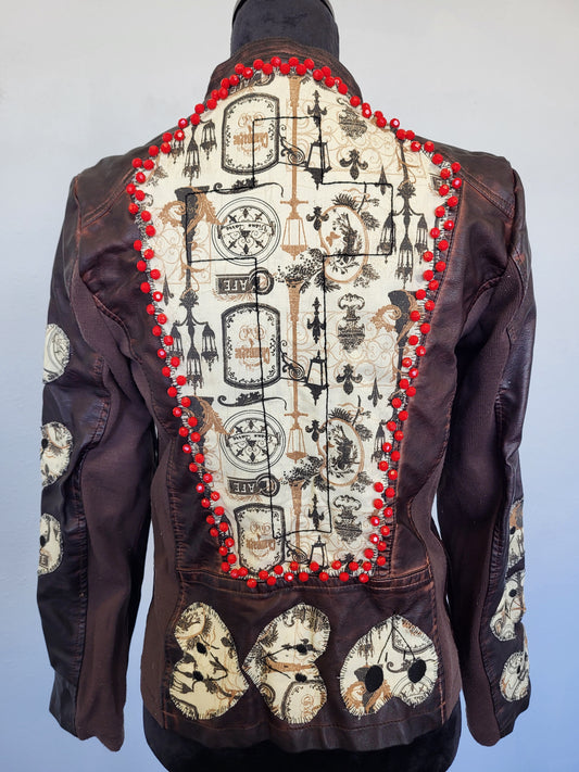 Upcycled women's faux leather jacket with patches and red beading size medium- one of a kind