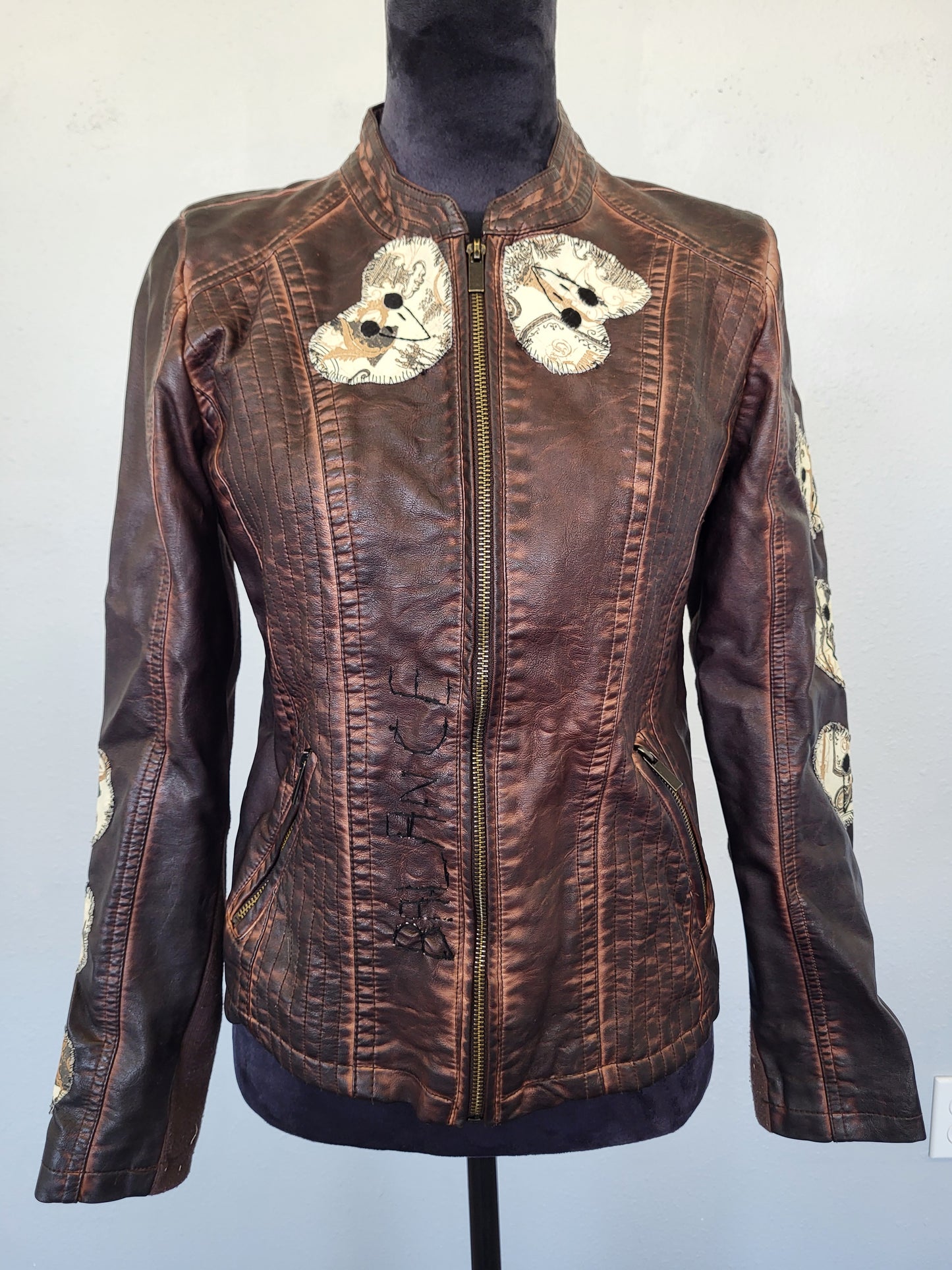 Upcycled women's faux leather jacket with patches and red beading size medium- one of a kind