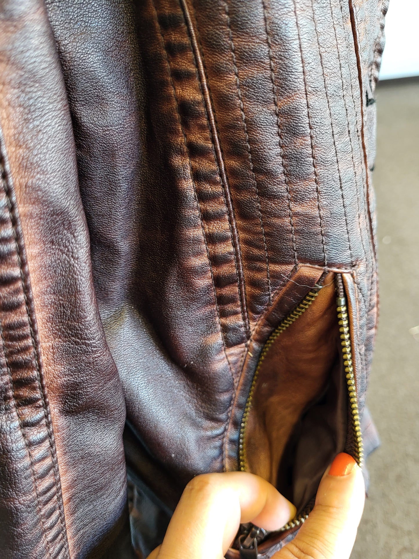 Upcycled women's faux leather jacket with patches and red beading size medium- one of a kind